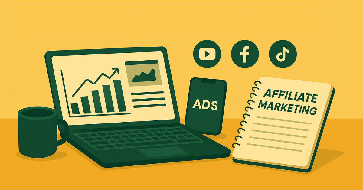 Illustration of digital marketing tools on a golden background with green elements including a laptop, smartphone, and notebook labeled “Affiliate Marketing.”